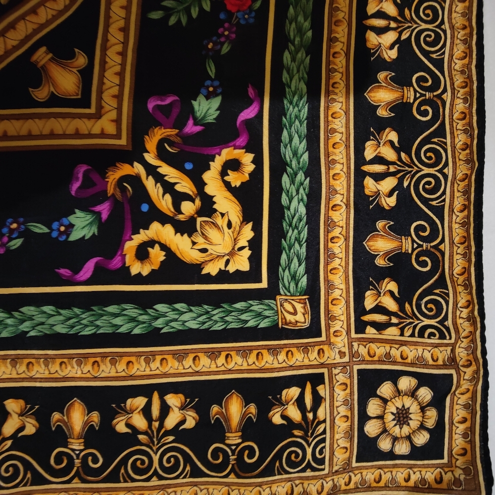 Rose Floral Baroque Square Silk Scarf with Gold Motif Border, 30"x31" - Picture 7 of 11